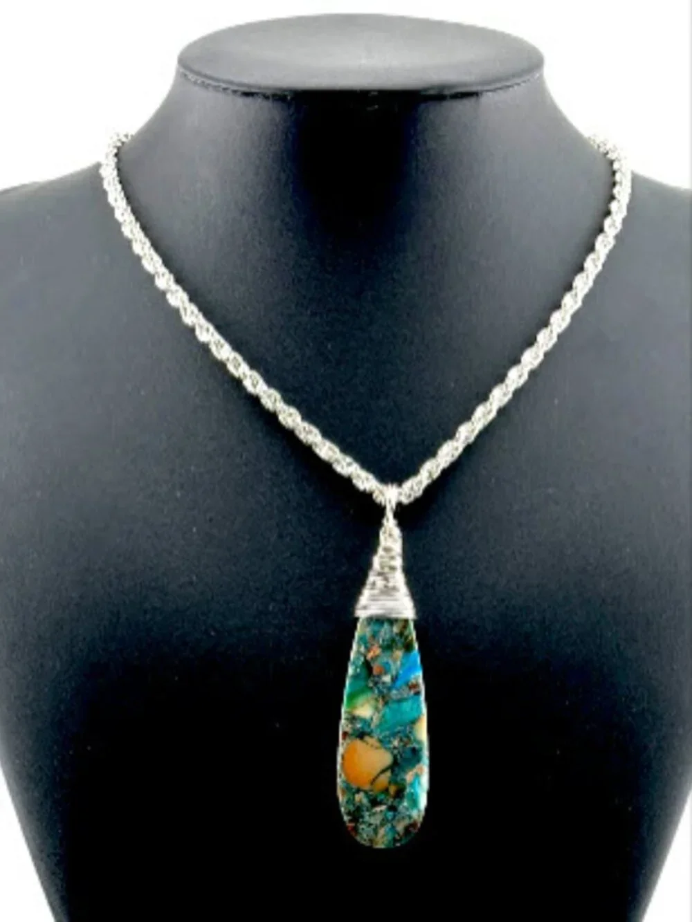 Ocean Blue Impressions Jasper Necklace Pyrite Wire Wrapped Pendant Handmade